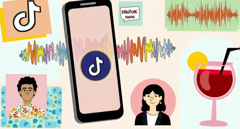 ollage of smartphone screen featuring TikTok reels, trending words, photo carousel, virtual influencer avatar and a Hugo Spritz drink.”