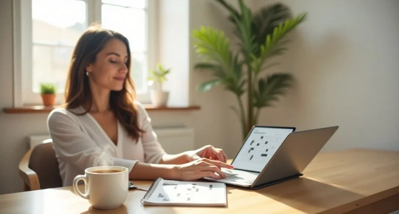A person using a tablet to solve the NYT Mini Crossword in a bright morning setting