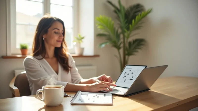 A person using a tablet to solve the NYT Mini Crossword in a bright morning setting