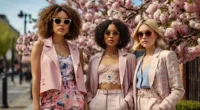 Women in Spring 2025 outfits wearing bold florals, pastels, and trendy layers on a city street with cherry blossoms.