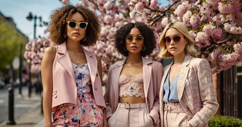 Women in Spring 2025 outfits wearing bold florals, pastels, and trendy layers on a city street with cherry blossoms.