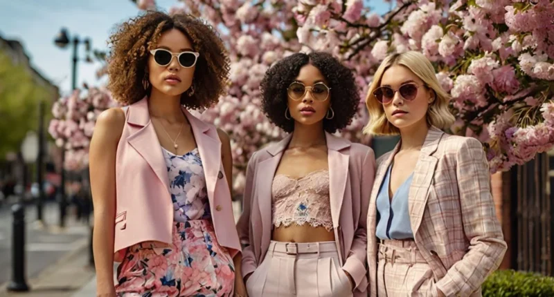 Women in Spring 2025 outfits wearing bold florals, pastels, and trendy layers on a city street with cherry blossoms.