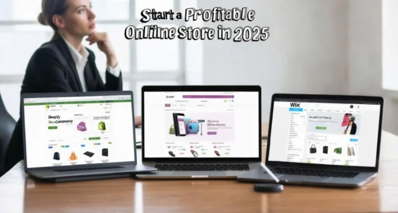 Three laptops displaying Shopify, WooCommerce, and Wix websites on a table with a businesswoman sitting in the background, promoting how to start a profitable online store in 2025.