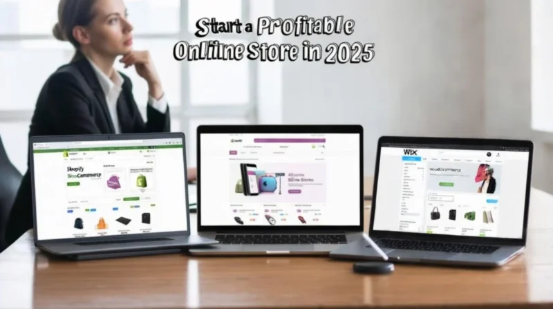 Three laptops displaying Shopify, WooCommerce, and Wix websites on a table with a businesswoman sitting in the background, promoting how to start a profitable online store in 2025.