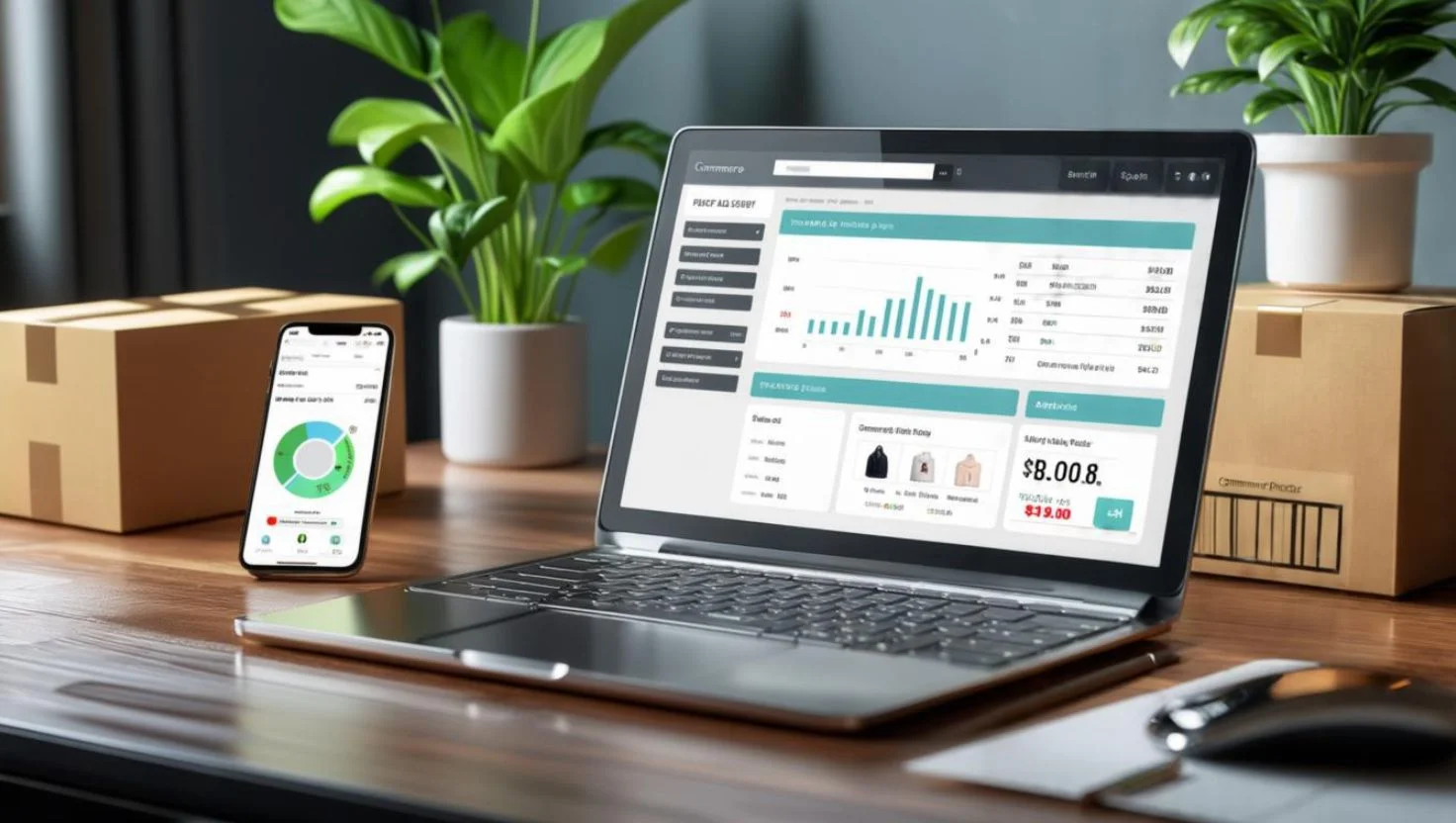 Laptop showing an eCommerce sales dashboard next to a smartphone with analytics, surrounded by shipping boxes and potted plants on a wooden desk.