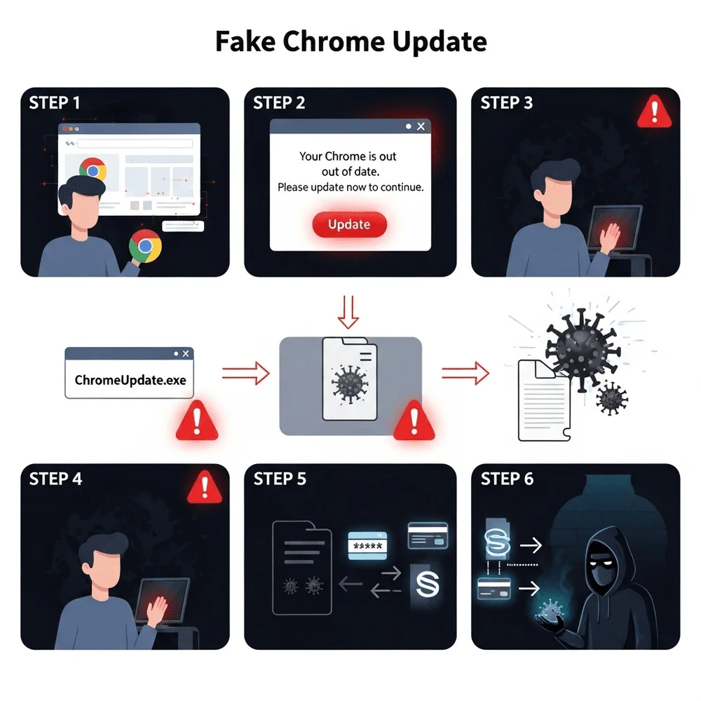 Visual showing how users are tricked into installing malware through a fake Chrome update, from visiting a compromised site to stolen data. 