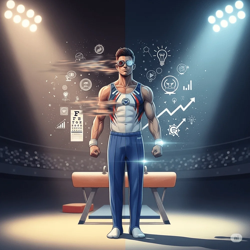 A symbolic image of gymnast Stephen Nedoroscik highlighting his vision challenges and personal growth through contrasting blurred and clear backgrounds with motivational elements. 