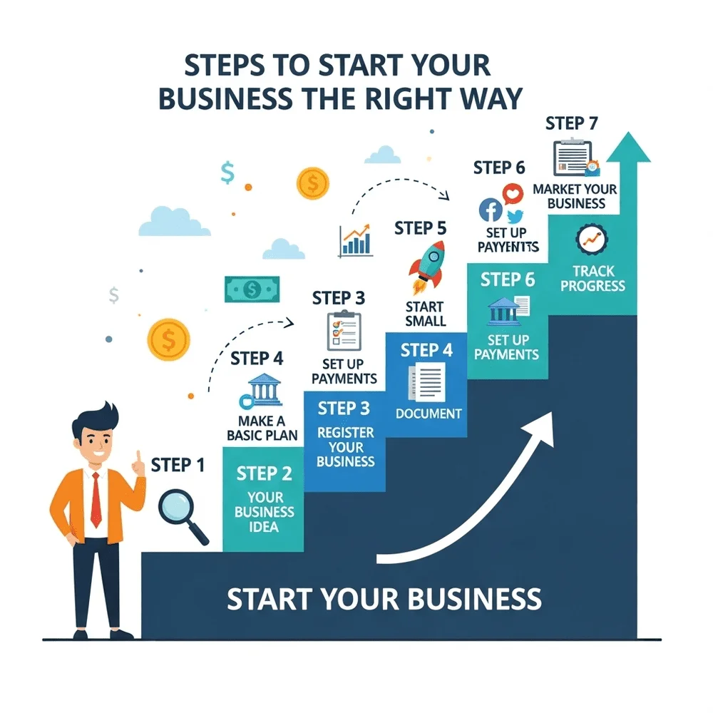 "Flat illustration of a person following seven business startup steps with icons on a clear path."