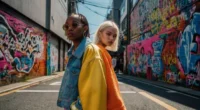 Street style fashion 2025 with people wearing bold neon, oversized jackets, techwear, and sustainable outfits on a busy city street.