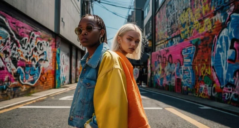 Street style fashion 2025 with people wearing bold neon, oversized jackets, techwear, and sustainable outfits on a busy city street.