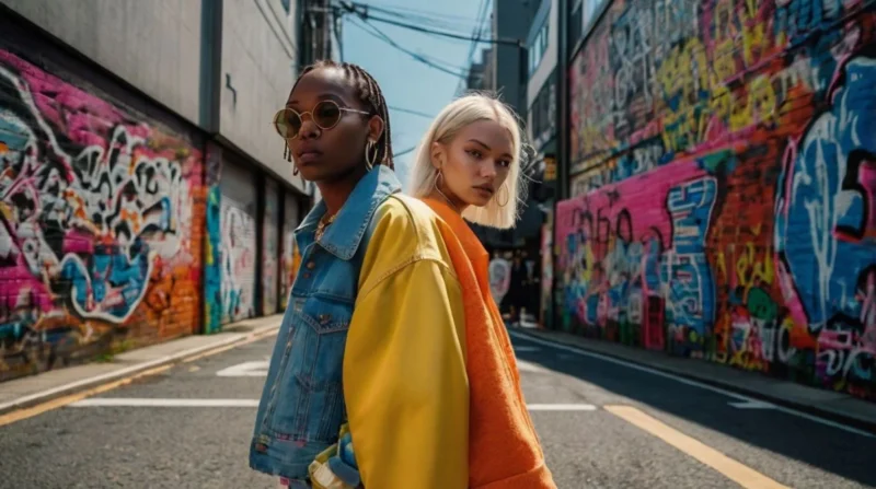Street style fashion 2025 with people wearing bold neon, oversized jackets, techwear, and sustainable outfits on a busy city street.
