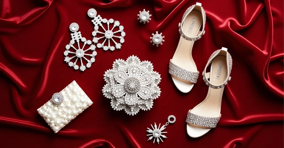 Stylish red carpet accessories including bold earrings, jeweled handbags, and sparkling heels arranged on a velvet surface