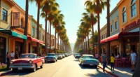 A bright, leafy LA street with cafés, boutiques and pedestrians enjoying a sunny afternoon in Larchmont Village.