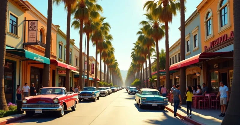A bright, leafy LA street with cafés, boutiques and pedestrians enjoying a sunny afternoon in Larchmont Village.