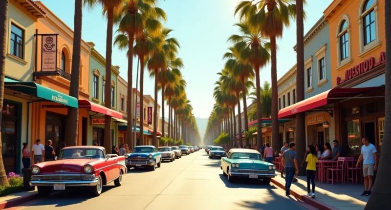 A bright, leafy LA street with cafés, boutiques and pedestrians enjoying a sunny afternoon in Larchmont Village.