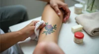 A person cleaning a fresh tattoo on their forearm using a soft cloth and tattoo ointment in a clean bathroom.