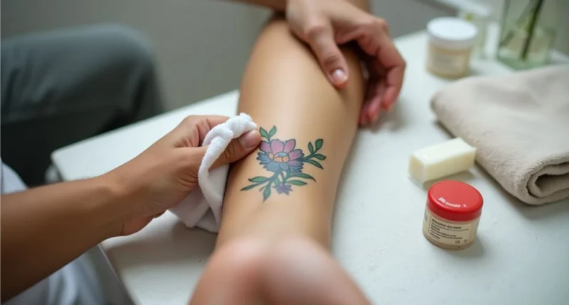 A person cleaning a fresh tattoo on their forearm using a soft cloth and tattoo ointment in a clean bathroom.
