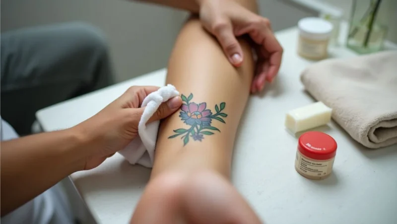 A person cleaning a fresh tattoo on their forearm using a soft cloth and tattoo ointment in a clean bathroom.