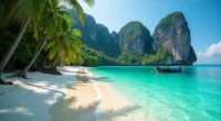 **Alt Text for Image:** A peaceful tropical beach in Thailand with soft white sand, clear turquoise water, and palm trees gently swaying under a sunny sky—perfect for relaxation.