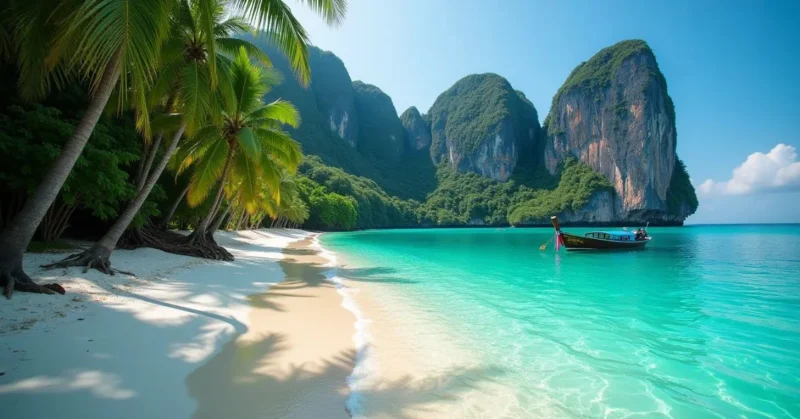**Alt Text for Image:** A peaceful tropical beach in Thailand with soft white sand, clear turquoise water, and palm trees gently swaying under a sunny sky—perfect for relaxation.