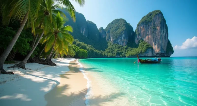 **Alt Text for Image:** A peaceful tropical beach in Thailand with soft white sand, clear turquoise water, and palm trees gently swaying under a sunny sky—perfect for relaxation.
