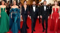 celebrities on the red carpet wearing glamorous outfits and posing for cameras