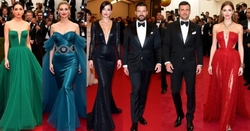 celebrities on the red carpet wearing glamorous outfits and posing for cameras
