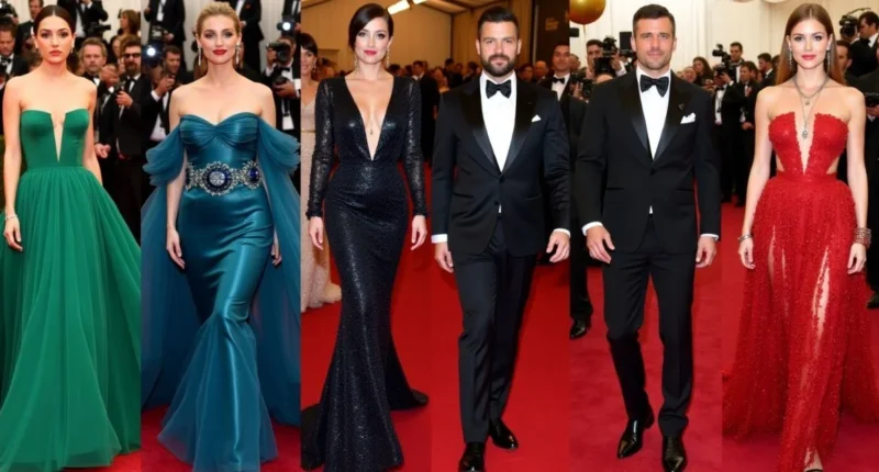 celebrities on the red carpet wearing glamorous outfits and posing for cameras