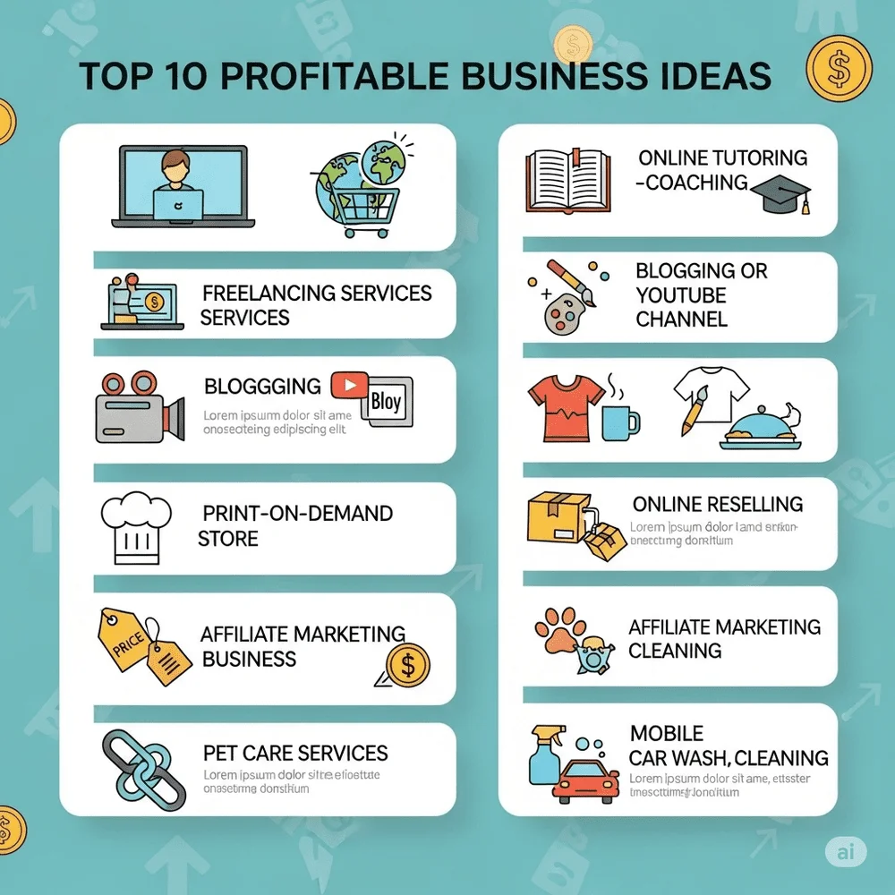 "Infographic showing 10 profitable business ideas including freelancing, dropshipping, online tutoring, blogging, and pet care with simple icons and labels."