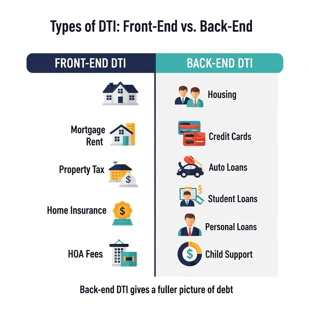 Infographic illustrates the difference between Front-End and Back-End DTI by showing housing costs versus total monthly debt obligations with relevant financial icons.