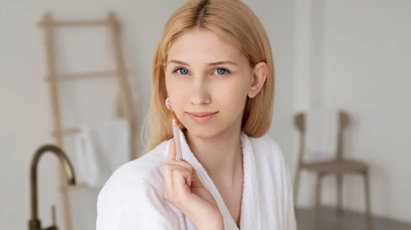 clear skin care rotine with woman