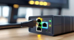 Ethernet network cable connected to an extender boosting LAN connection.
