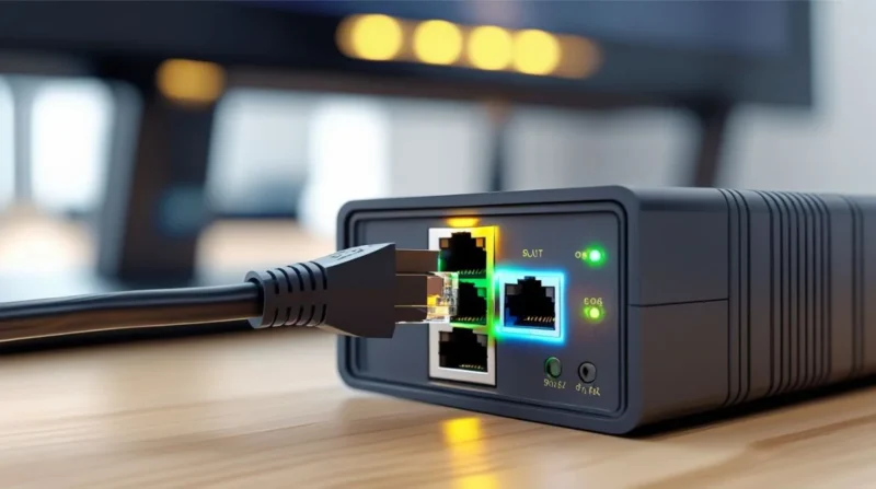 Ethernet network cable connected to an extender boosting LAN connection.