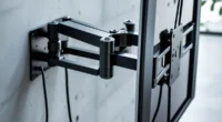 Close-up of a black full-motion swivel TV bracket with extended arms