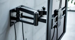 Close-up of a black full-motion swivel TV bracket with extended arms