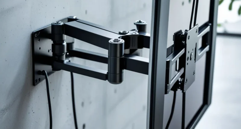 Close-up of a black full-motion swivel TV bracket with extended arms