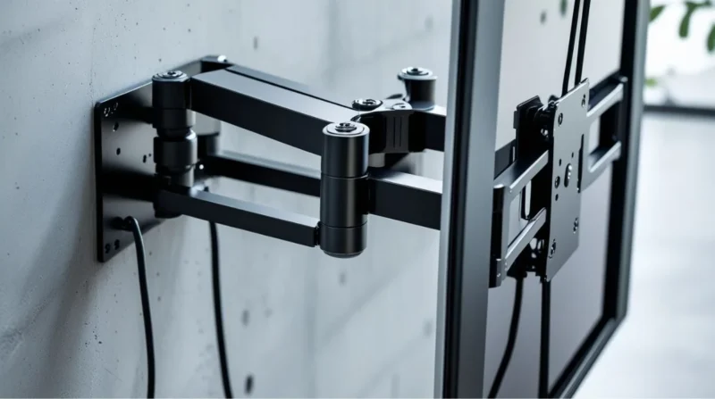 Close-up of a black full-motion swivel TV bracket with extended arms