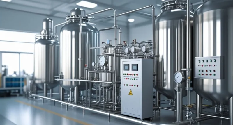 Pressure Swing Adsorber system with stainless steel tanks, interconnected pipes.