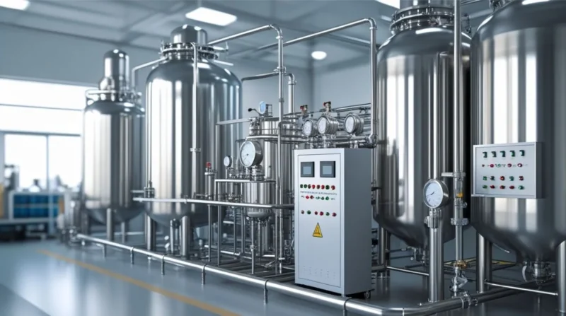 Pressure Swing Adsorber system with stainless steel tanks, interconnected pipes.