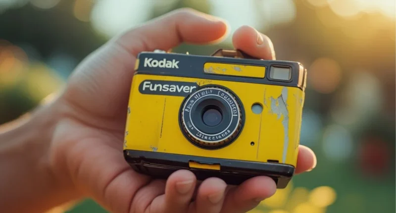 Person holding a Kodak FunSaver disposable camera with a nostalgic, vintage background, showing the simple point-and-shoot design in close-up.