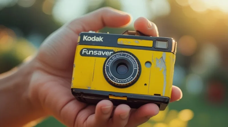 Person holding a Kodak FunSaver disposable camera with a nostalgic, vintage background, showing the simple point-and-shoot design in close-up.