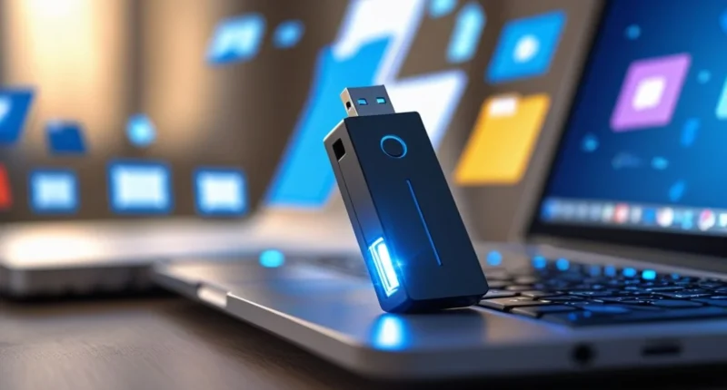 Close-up of a memory thumb drive connected to a laptop with digital file icons in the background, showing active data transfer.