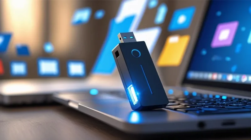 Close-up of a memory thumb drive connected to a laptop with digital file icons in the background, showing active data transfer.