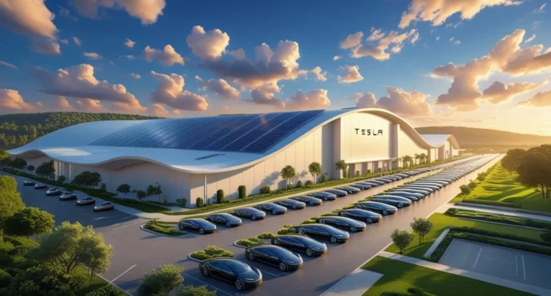 Tesla automobile factory exterior with solar panels