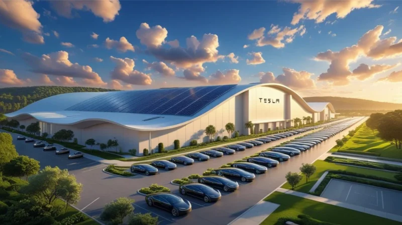 Tesla automobile factory exterior with solar panels