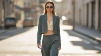 A woman in a trendy 2025 outfit walking confidently in the city