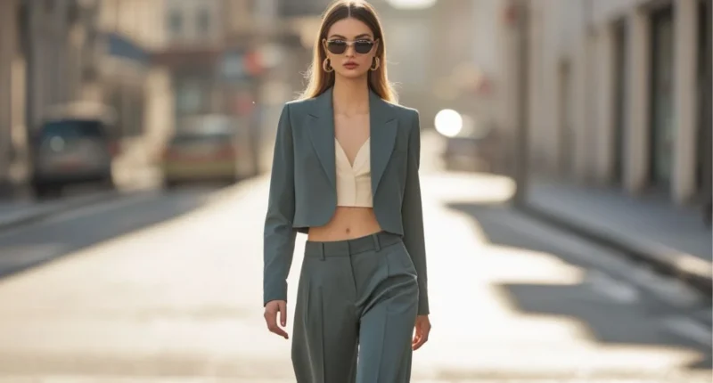 A woman in a trendy 2025 outfit walking confidently in the city