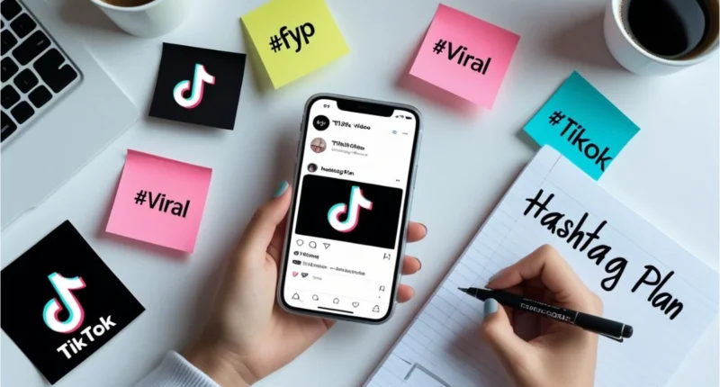 Smartphone showing a TikTok video with trending hashtags on screen
