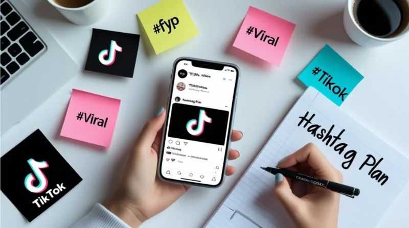 Smartphone showing a TikTok video with trending hashtags on screen