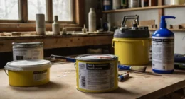 Two containers labeled "Paint Thinner" and "Mineral Spirits" placed on a workbench alongside paintbrushes, gloves, a paint can, and safety gear in a well-ventilated workspace.